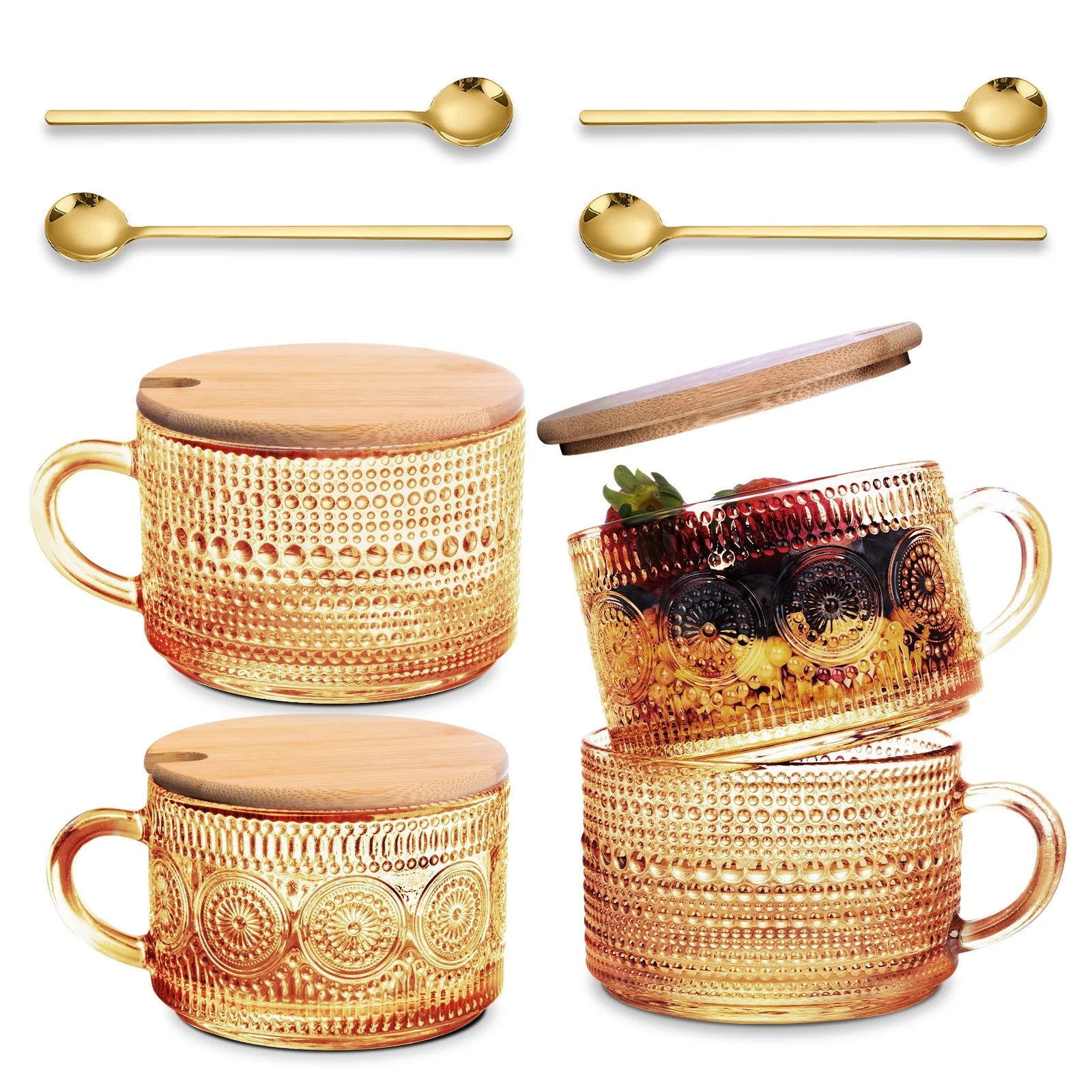 4Pcs Coffee Cups, Vintage Coffee Mugs, Overnight Oats Containers with Lids and Spoons, 14Oz Coffee Glasses, Drinkware Set for Iced Coffee,Yogurt,Milk,Tea,Coffee Bar Accessories,Brown