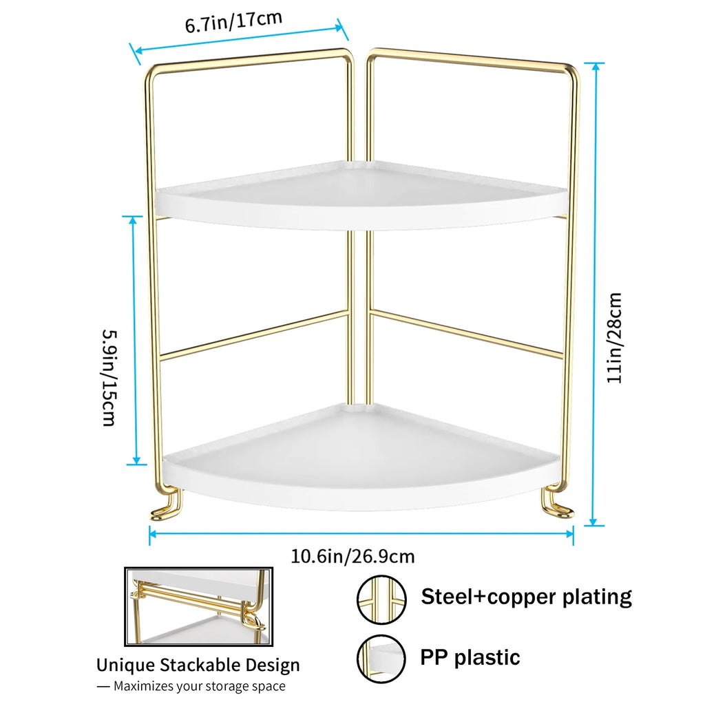 Stainless Steel 2-Tier Corner Makeup Organizer with 4 Compartments, Gold