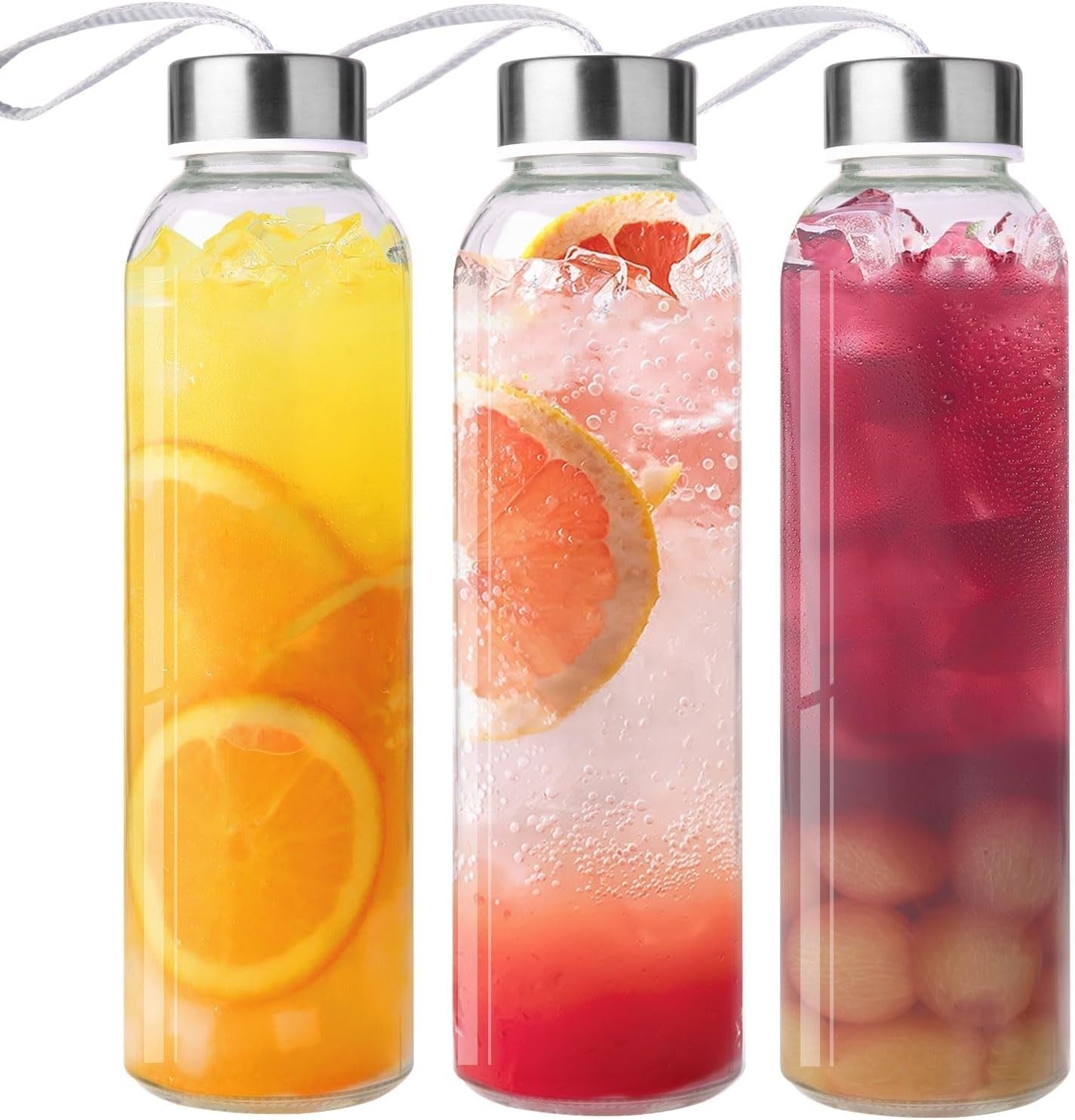 3 Packs Glass Water Bottles with Lid Clear Juice Bottles Reusable Bottle