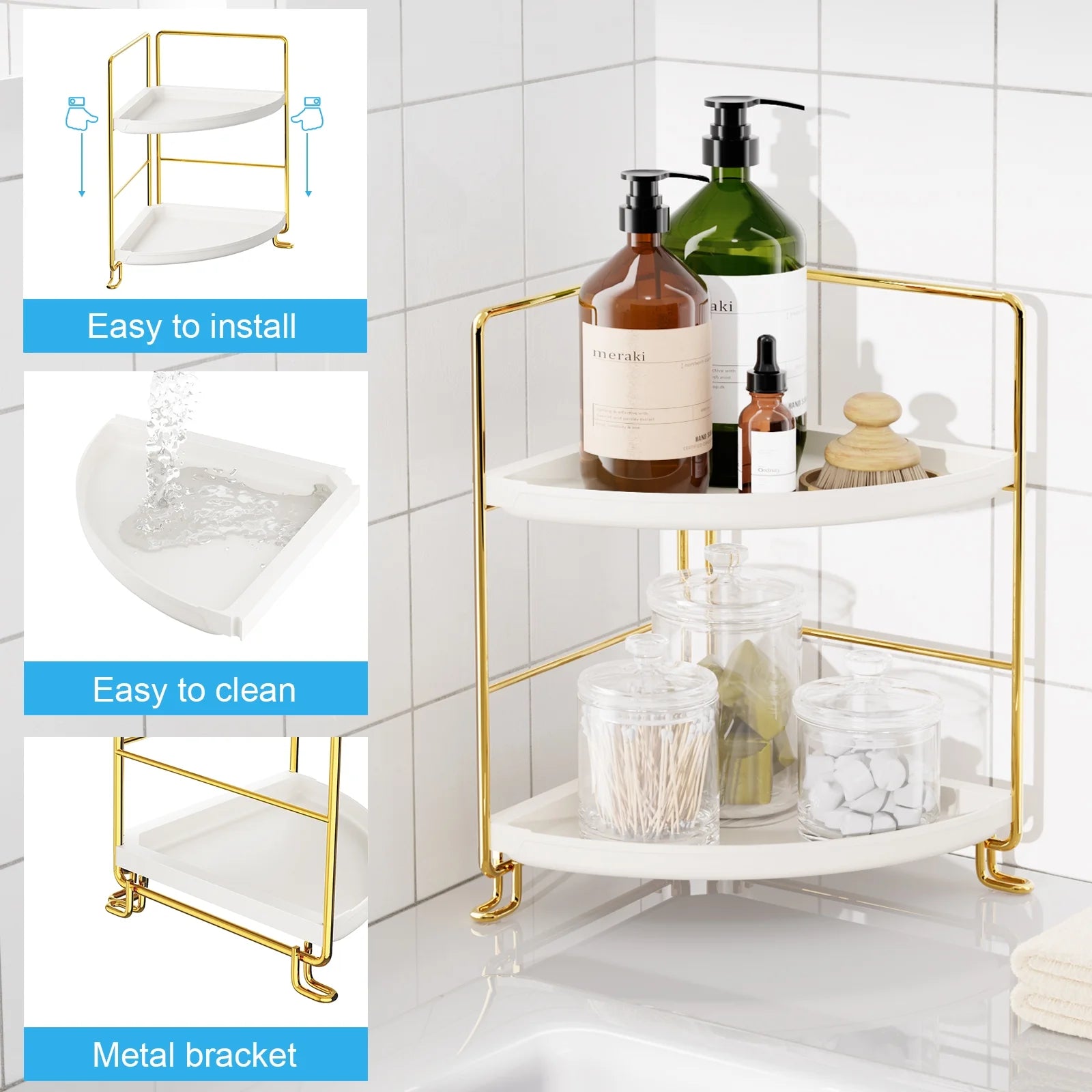 Stainless Steel 2-Tier Corner Makeup Organizer with 4 Compartments, Gold