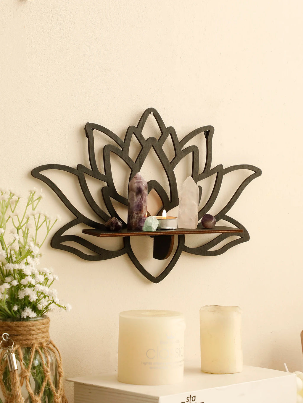 Lotus Wood Shelf Black Corner Shelf Display Stand Crystal Stone Essential Oil Wall Organizer Room Decors Aesthetic Home Decor