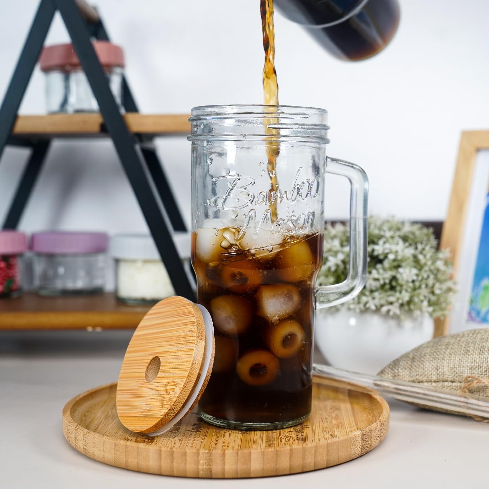 Glass Cups with Lids and Straws - 24Oz Tumbler Handle Coffee Glasses Mason Jar