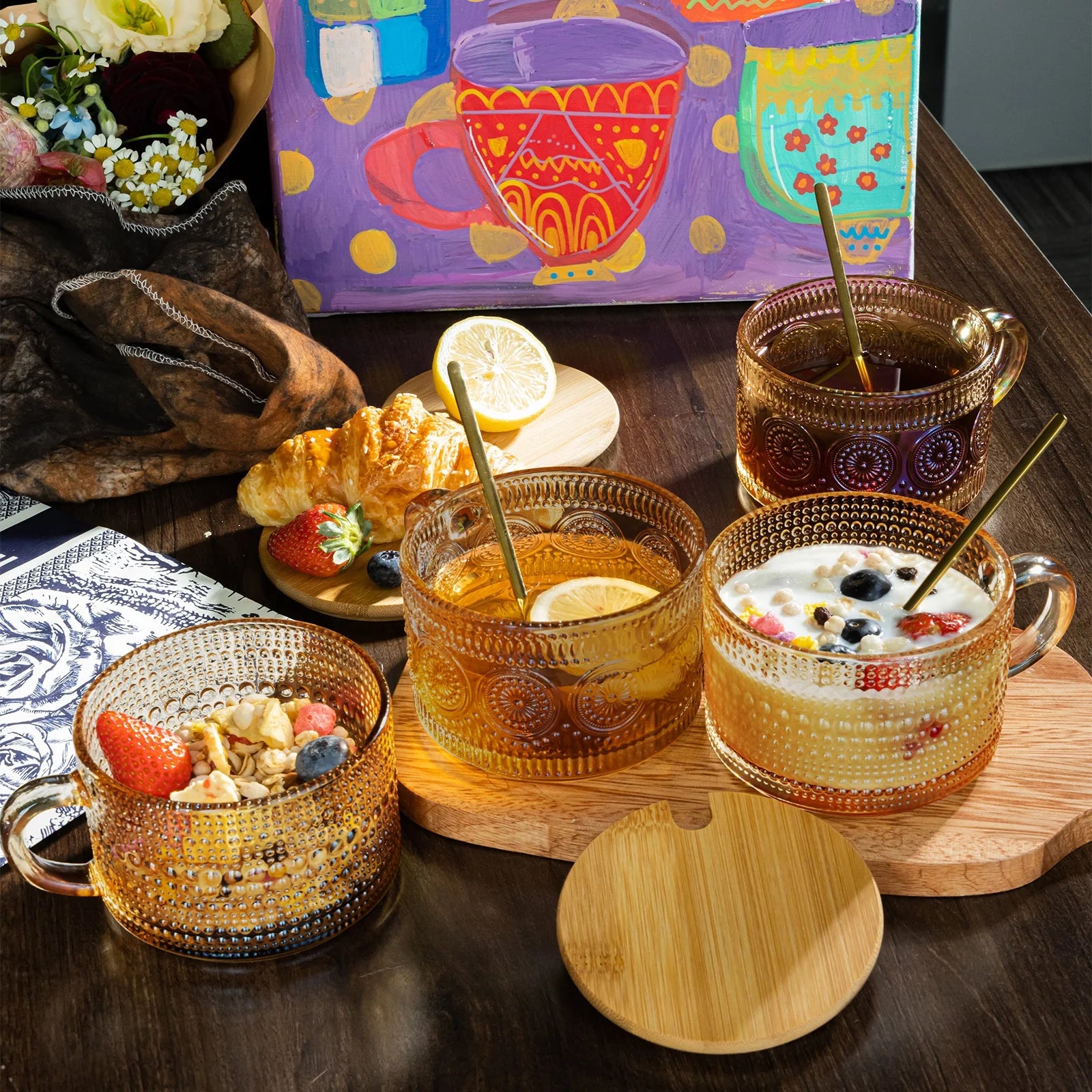 4Pcs Coffee Cups, Vintage Coffee Mugs, Overnight Oats Containers with Lids and Spoons, 14Oz Coffee Glasses, Drinkware Set for Iced Coffee,Yogurt,Milk,Tea,Coffee Bar Accessories,Brown