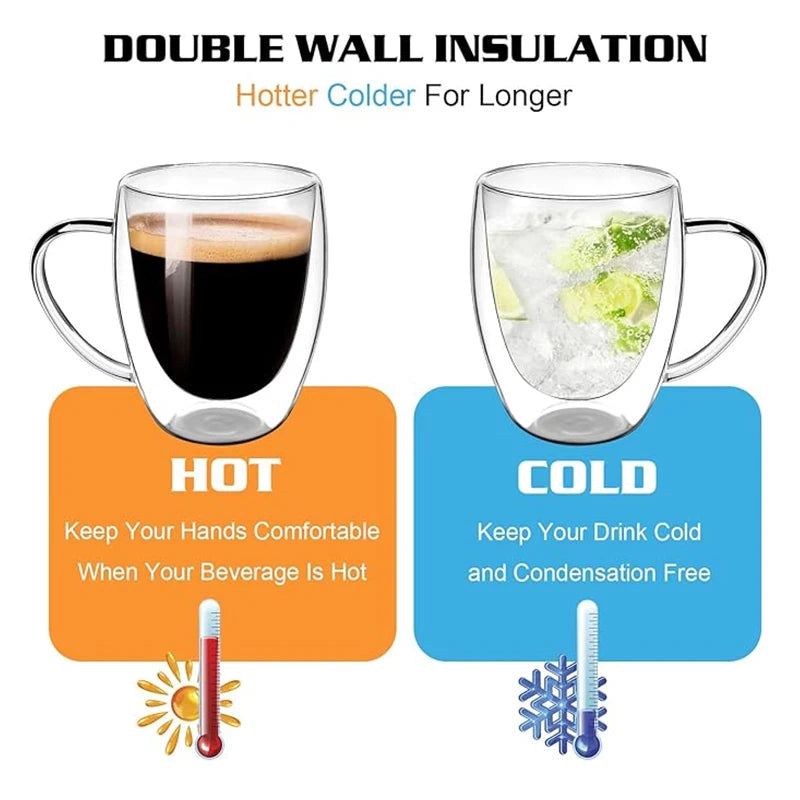 Double Wall Glass Coffee Mugs Milk Mug with Handle Cappuccino Latte Hot Drink Classic Coffee Glass Set Heat Cold Resistant Glass