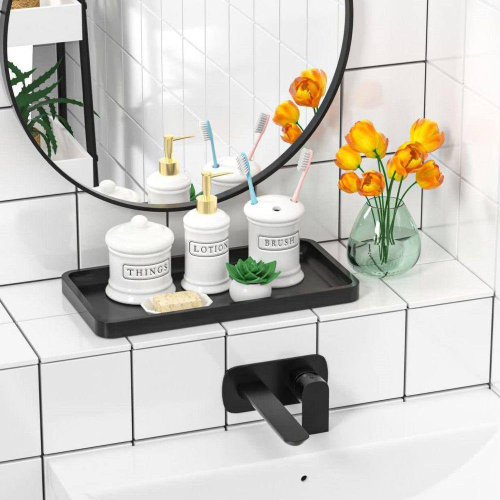 Black Bathroom Vanity Tray for Countertop - Bamboo Organizer Tray for Dresser Tops, Toilet Small Decorative Tray