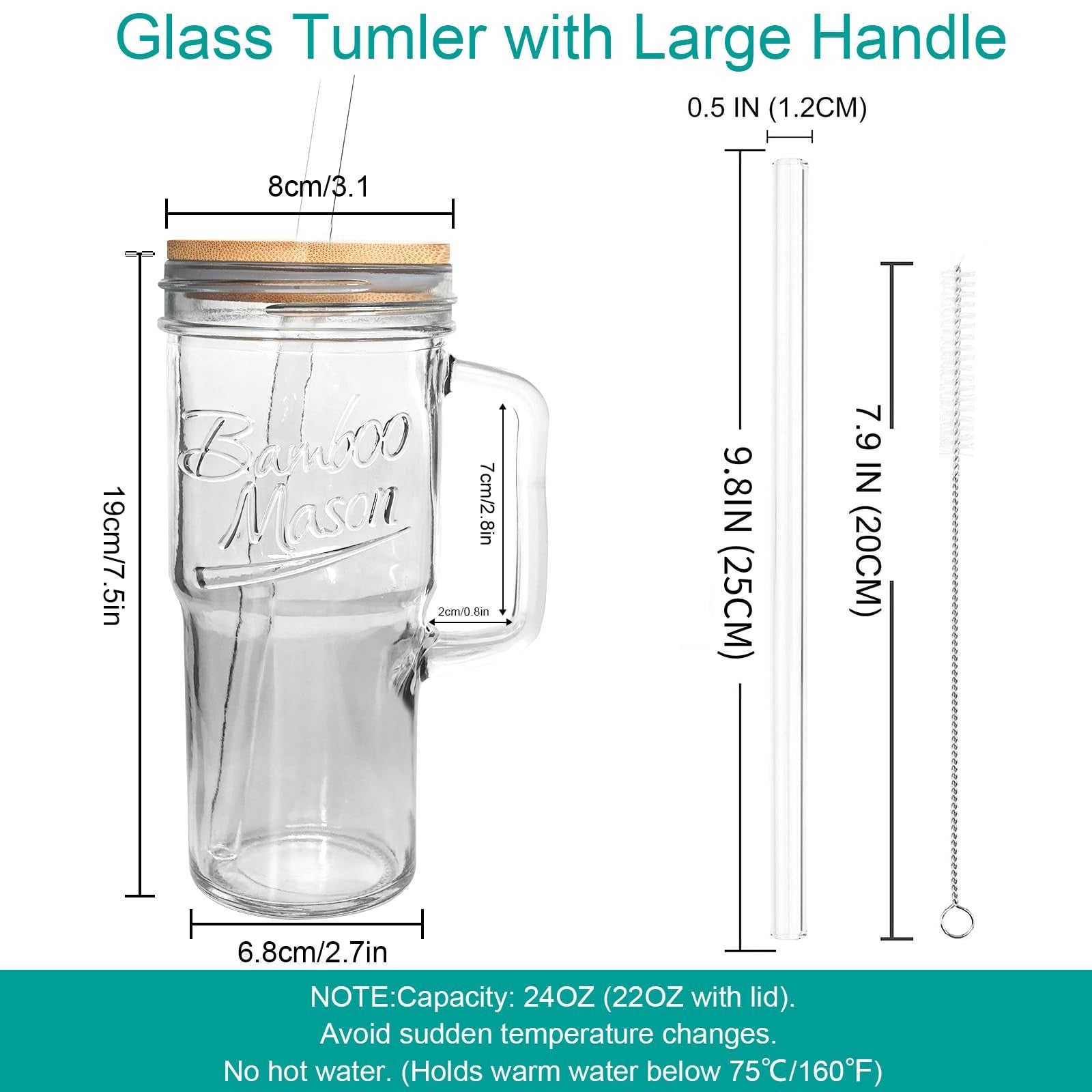 Glass Cups with Lids and Straws - 24Oz Tumbler Handle Coffee Glasses Mason Jar