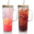 Glass Cups with Lids and Straws - 24Oz Tumbler Handle Coffee Glasses Mason Jar