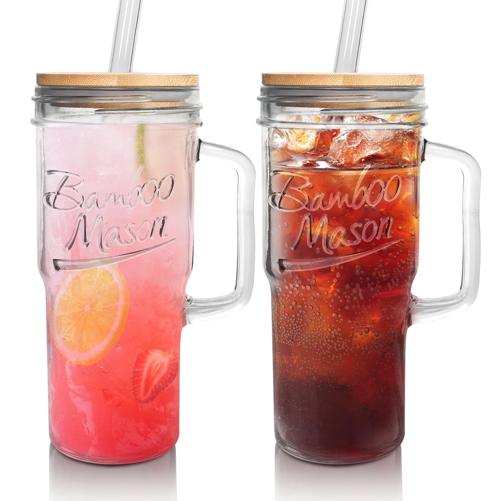 Glass Cups with Lids and Straws - 24Oz Tumbler Handle Coffee Glasses Mason Jar