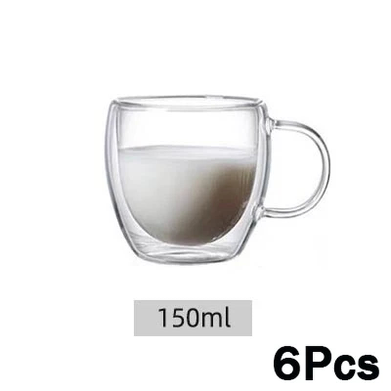 Double Wall Glass Coffee Mugs Milk Mug with Handle Cappuccino Latte Hot Drink Classic Coffee Glass Set Heat Cold Resistant Glass
