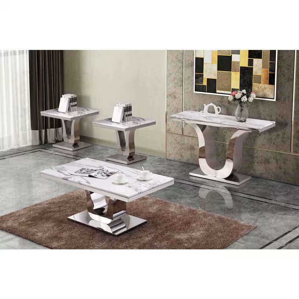 Eric 55 In. 4-Piece White Marble Top with Stainless Steel Base Coffee Set