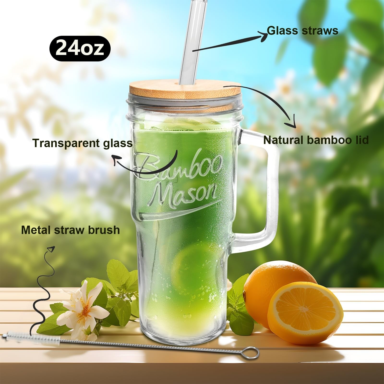 Glass Cups with Lids and Straws - 24Oz Tumbler Handle Coffee Glasses Mason Jar