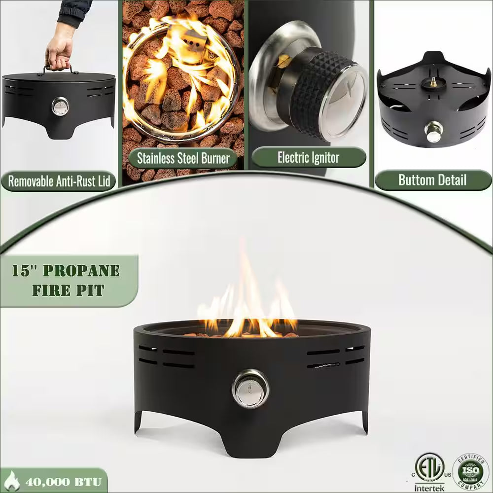 15 Inch Outdoor Portable Propane Fire Pit, Tabletop Fire Pit with Quick Connect Regulator
