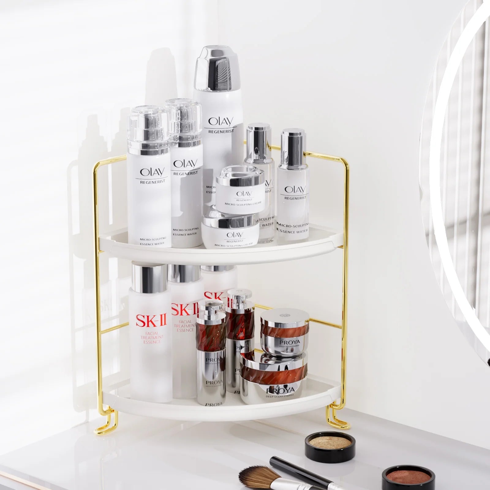 Stainless Steel 2-Tier Corner Makeup Organizer with 4 Compartments, Gold