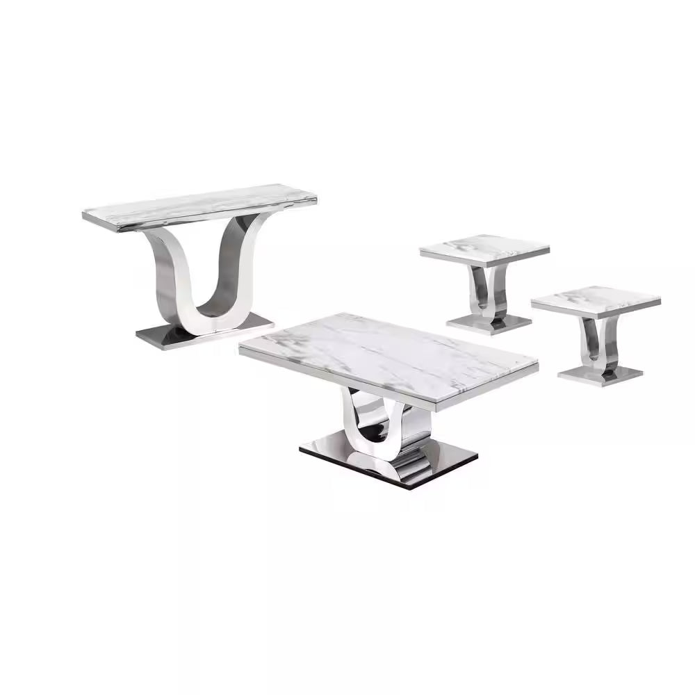 Eric 55 In. 4-Piece White Marble Top with Stainless Steel Base Coffee Set