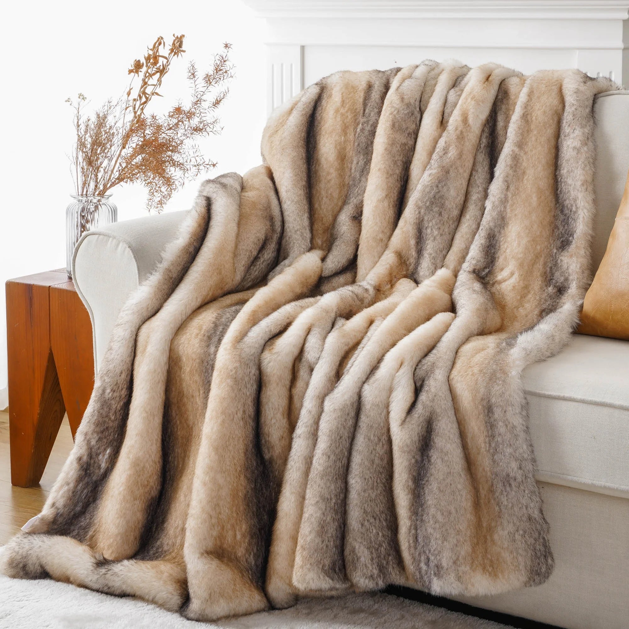Yellow Faux Fur Throw Blanket, Large Mink Fur Blanket,Cozy Fuzzy Thick Sofa Blanket,60"X80"