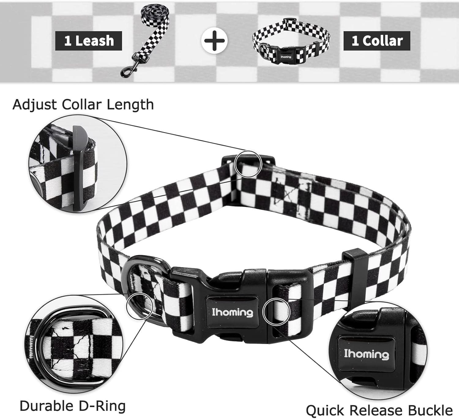 Puppy Collar and Leash Set for Daily Outdoor Walking Running Training, Chess Board Design for Extra Small Boys Girls Dogs Cats Pets, Xs-Up to 10LBS