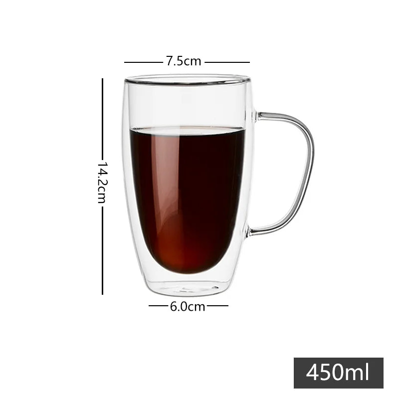 Double Wall Glass Coffee Mugs Milk Mug with Handle Cappuccino Latte Hot Drink Classic Coffee Glass Set Heat Cold Resistant Glass