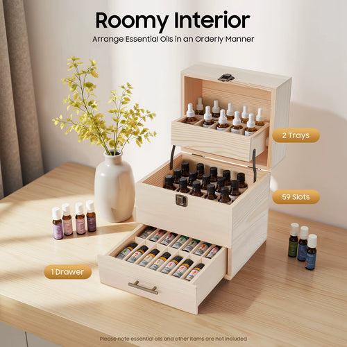 3-Tier 59 Slots Wooden Essential Oil Storage Box Organizer for for 10Ml/15Ml Essential Oil Bottles Nail Polish Cosmetics