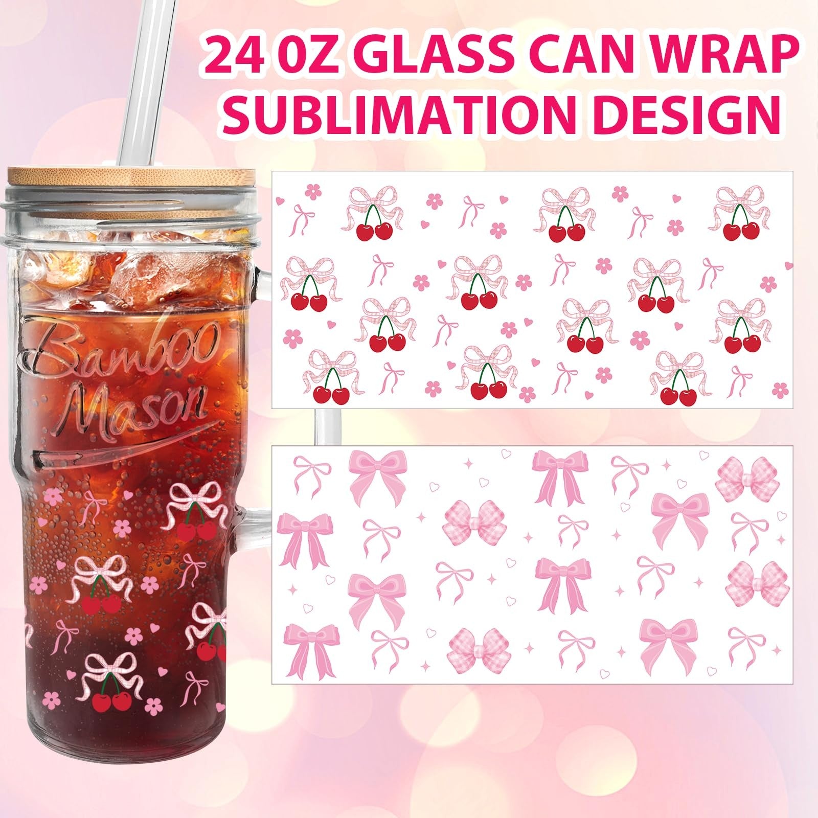 Glass Cups with Lids and Straws - 24Oz Tumbler Handle Coffee Glasses Mason Jar