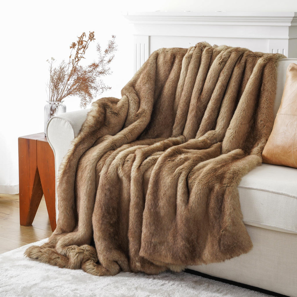 Camel Faux Fur Throw Blanket,Cozy Thick Mink Fur Blanket for Bed,Large Camel Throws,60"X80"