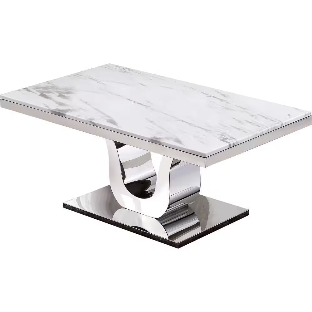 Eric 55 In. 4-Piece White Marble Top with Stainless Steel Base Coffee Set