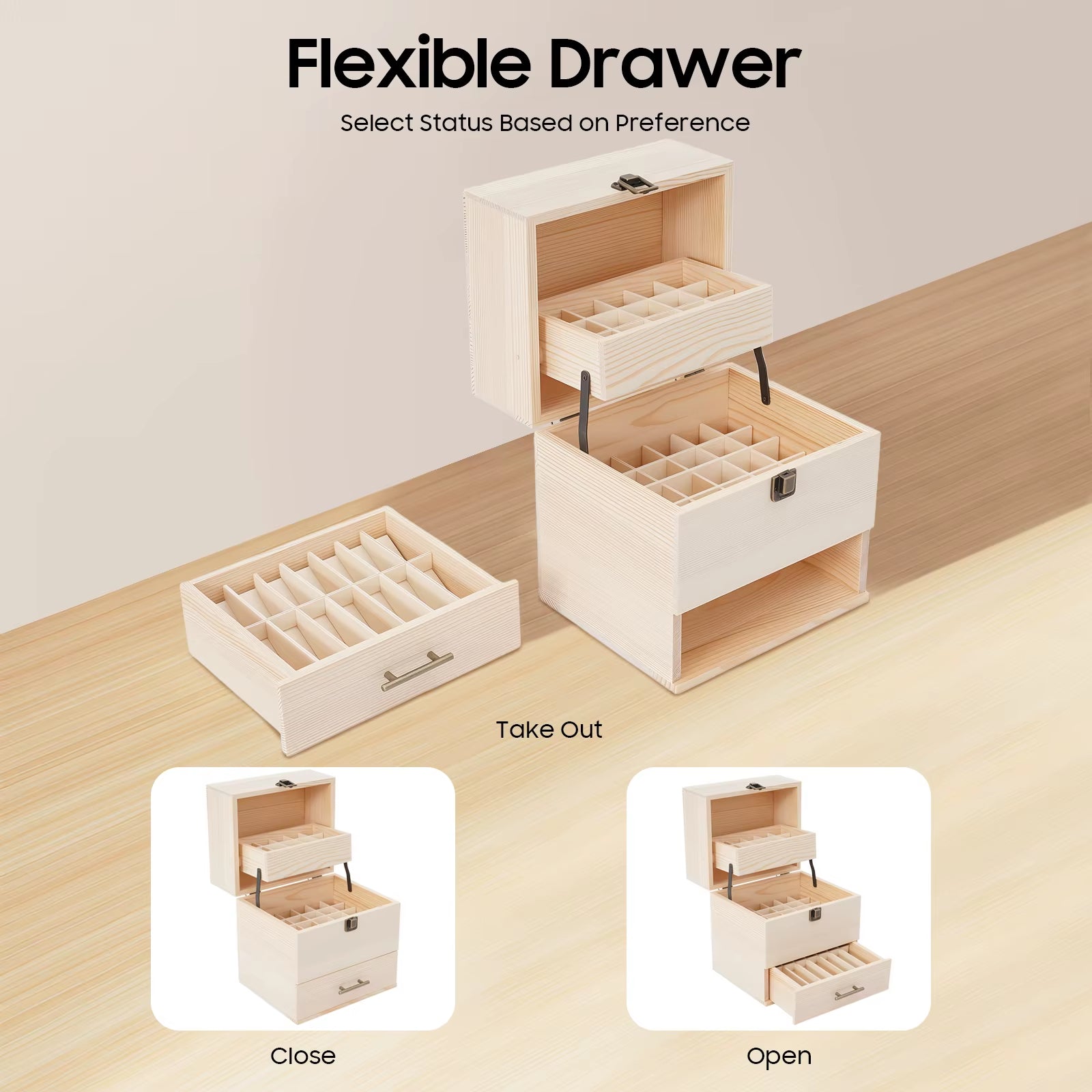3-Tier 59 Slots Wooden Essential Oil Storage Box Organizer for for 10Ml/15Ml Essential Oil Bottles Nail Polish Cosmetics