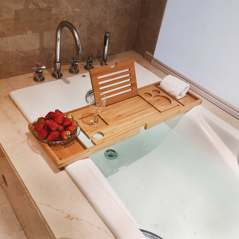 Adjustable Home Spa Wooden Bath Tray Bamboo Handmade Bathtub Caddy Organizer Rack Bathroom Accessories Bathtub Rack Stand Holder