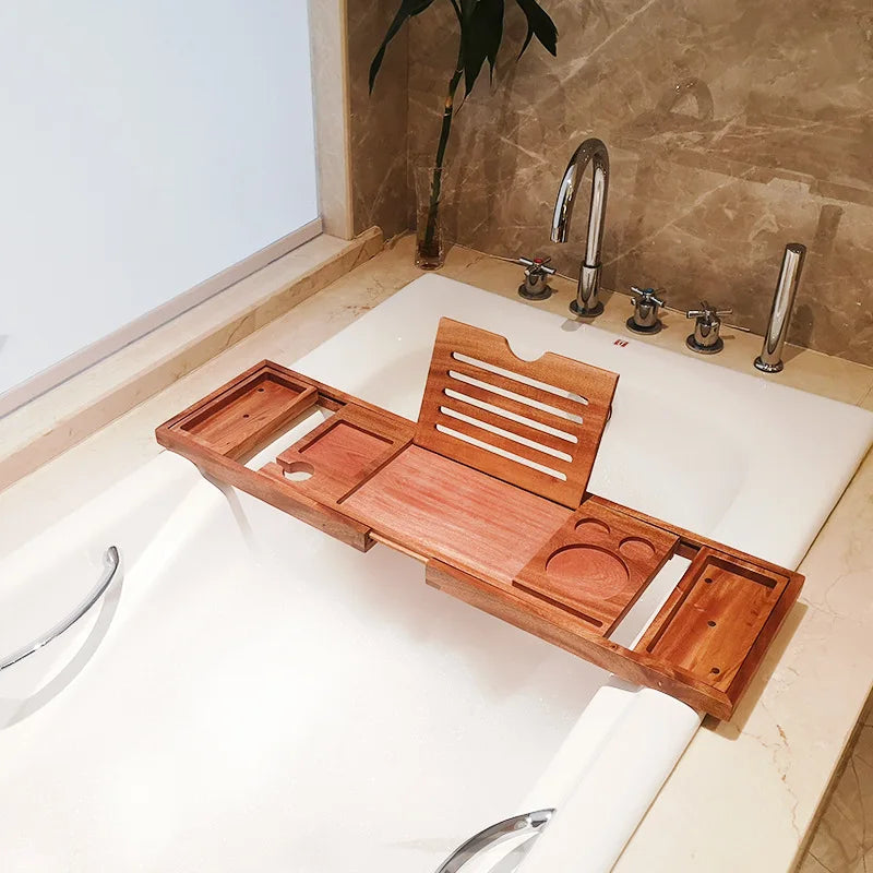 Adjustable Home Spa Wooden Bath Tray Bamboo Handmade Bathtub Caddy Organizer Rack Bathroom Accessories Bathtub Rack Stand Holder