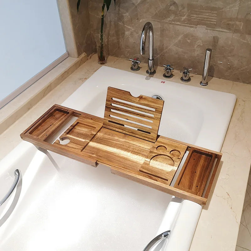 Adjustable Home Spa Wooden Bath Tray Bamboo Handmade Bathtub Caddy Organizer Rack Bathroom Accessories Bathtub Rack Stand Holder