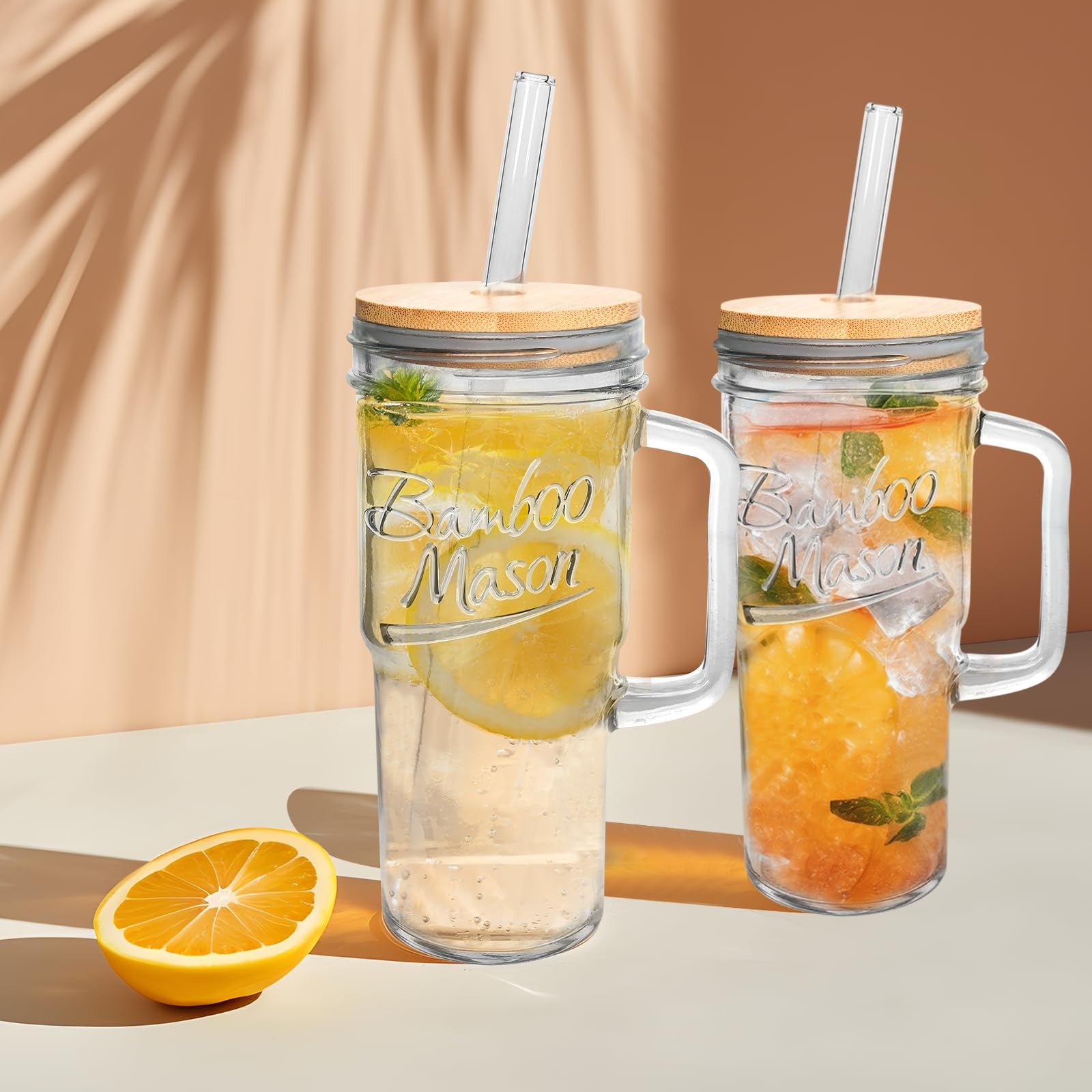Glass Cups with Lids and Straws - 24Oz Tumbler Handle Coffee Glasses Mason Jar
