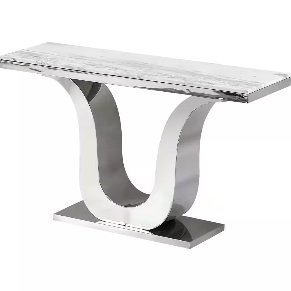 Eric 55 In. 4-Piece White Marble Top with Stainless Steel Base Coffee Set