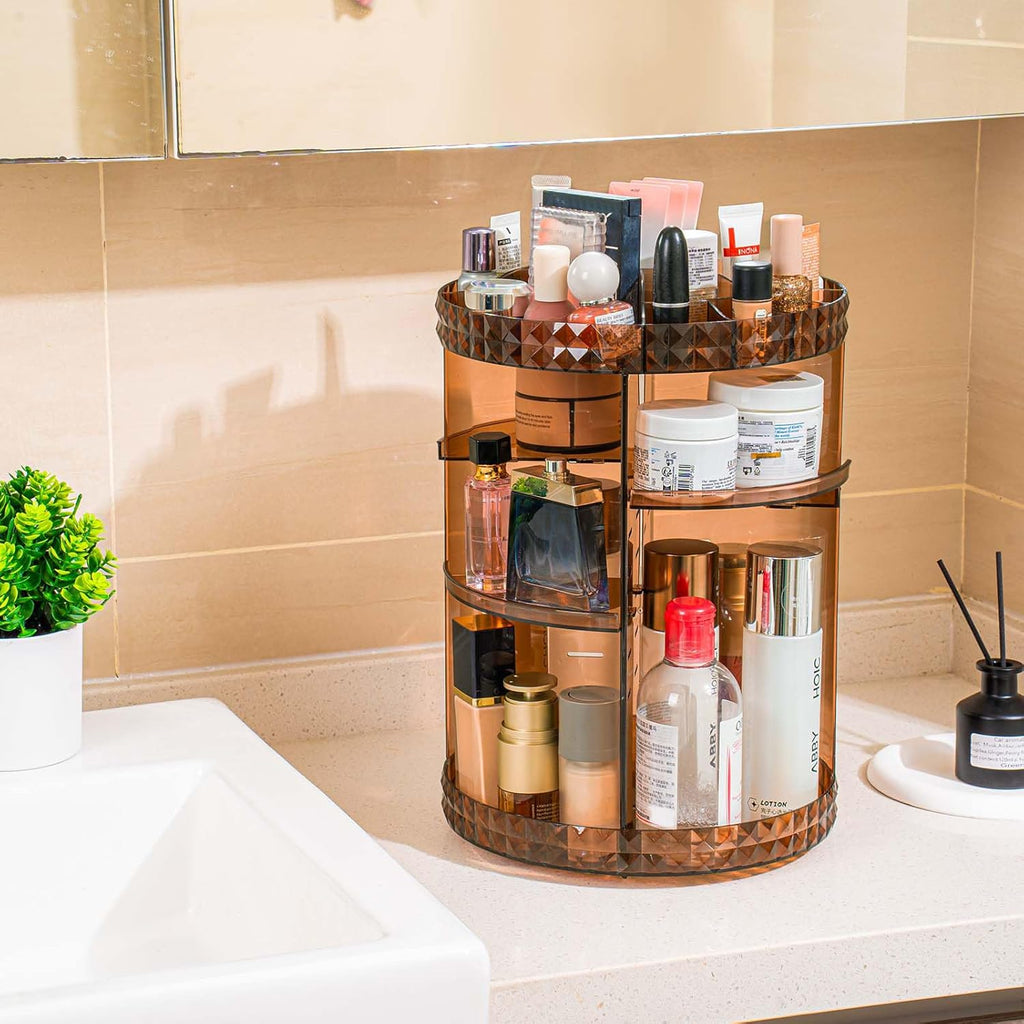 360 Rotating Makeup Organizer Perfume Organizer Coffee Color Cosmetic Storage Display Case Large Capacity Beauty Holder Adjustable Partition Height for Bedroom Dresser or Bathroom Vanity