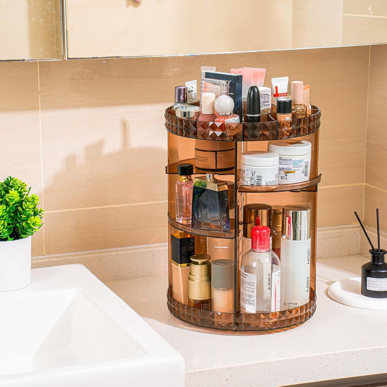 360 Rotating Makeup Organizer Perfume Organizer Coffee Color Cosmetic Storage Display Case Large Capacity Beauty Holder Adjustable Partition Height for Bedroom Dresser or Bathroom Vanity