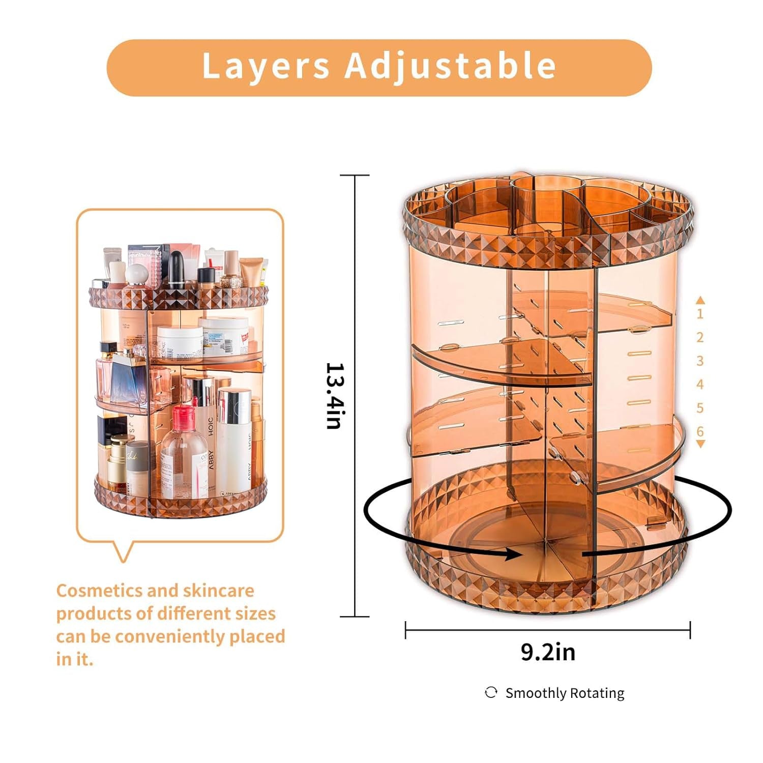 360 Rotating Makeup Organizer Perfume Organizer Coffee Color Cosmetic Storage Display Case Large Capacity Beauty Holder Adjustable Partition Height for Bedroom Dresser or Bathroom Vanity