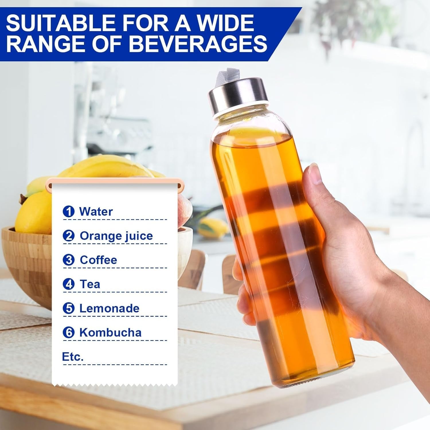 3 Packs Glass Water Bottles with Lid Clear Juice Bottles Reusable Bottle