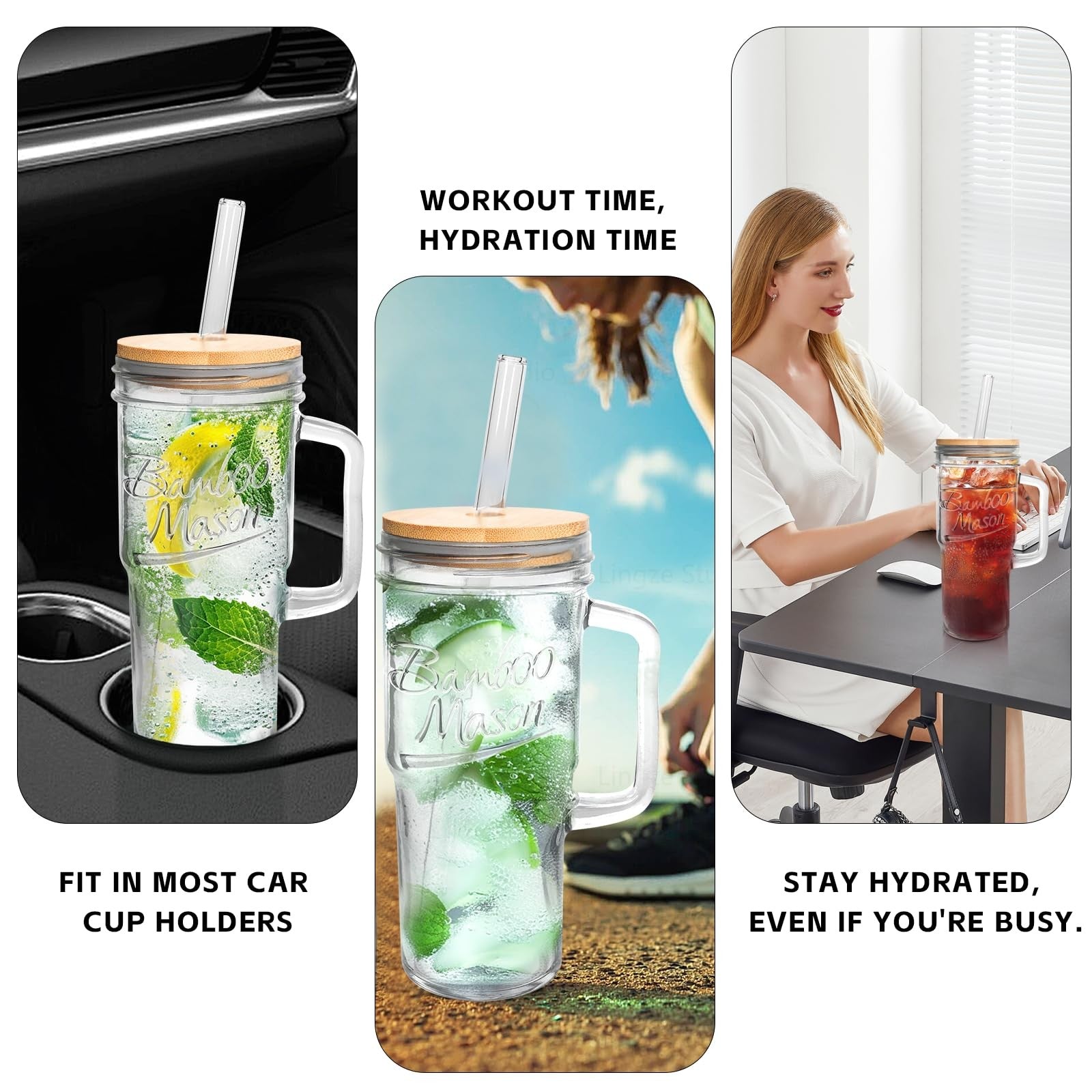 Glass Cups with Lids and Straws - 24Oz Tumbler Handle Coffee Glasses Mason Jar