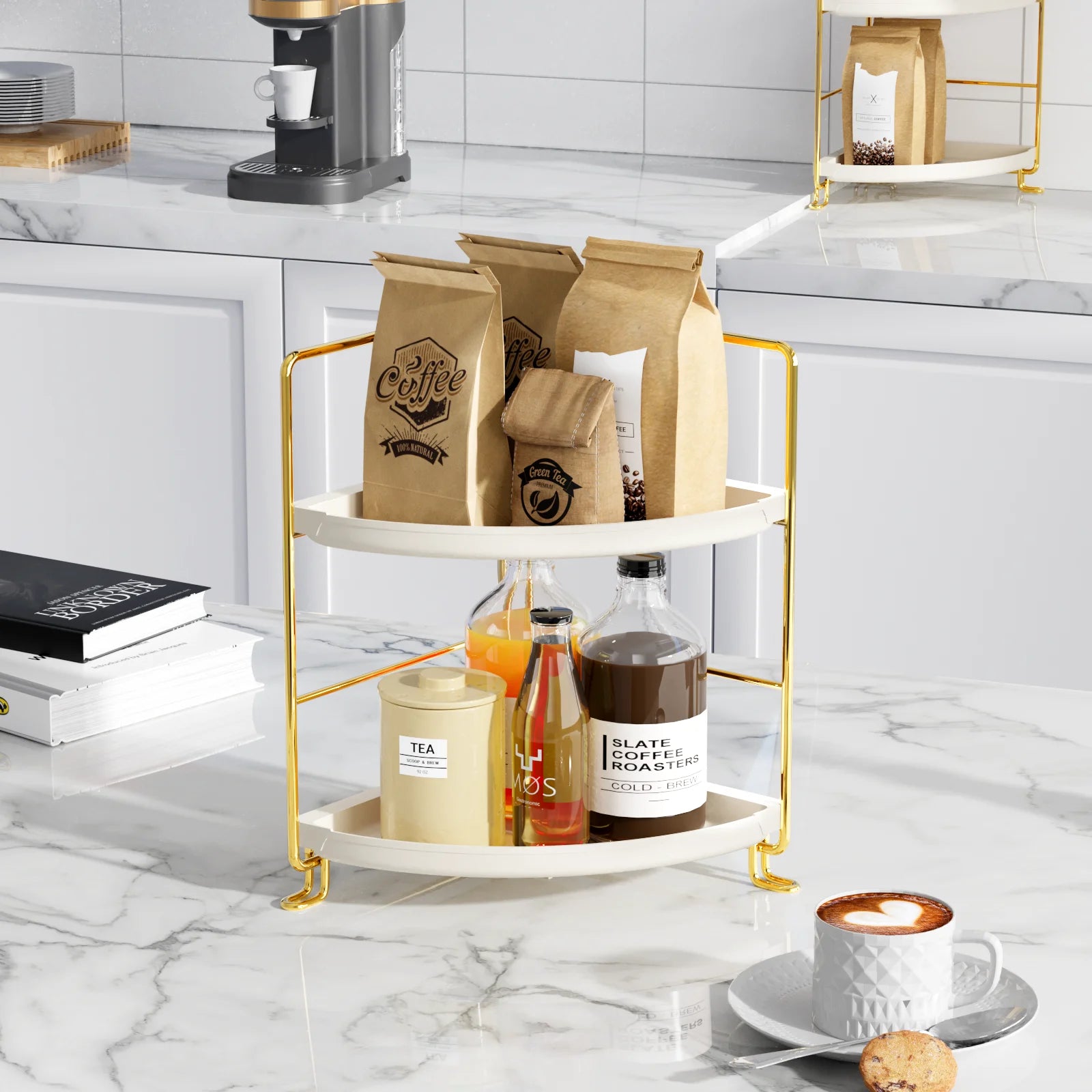 Stainless Steel 2-Tier Corner Makeup Organizer with 4 Compartments, Gold