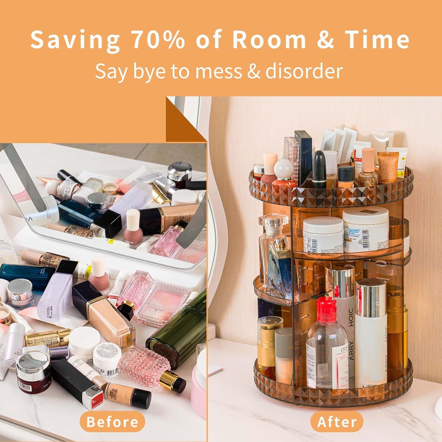360 Rotating Makeup Organizer Perfume Organizer Coffee Color Cosmetic Storage Display Case Large Capacity Beauty Holder Adjustable Partition Height for Bedroom Dresser or Bathroom Vanity