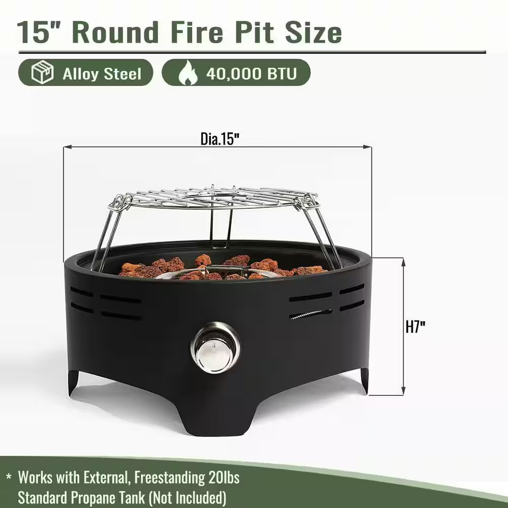 15 Inch Outdoor Portable Propane Fire Pit, Tabletop Fire Pit with Quick Connect Regulator