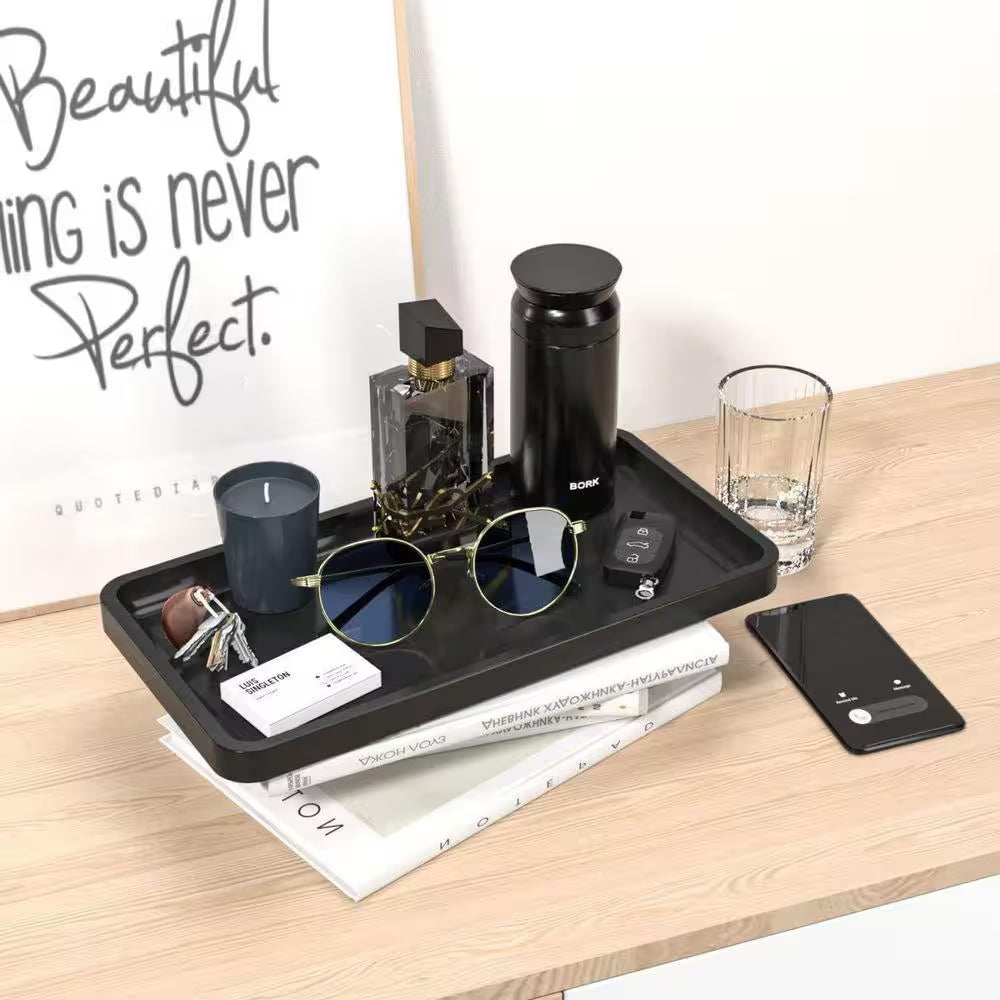 Black Bathroom Vanity Tray for Countertop - Bamboo Organizer Tray for Dresser Tops, Toilet Small Decorative Tray