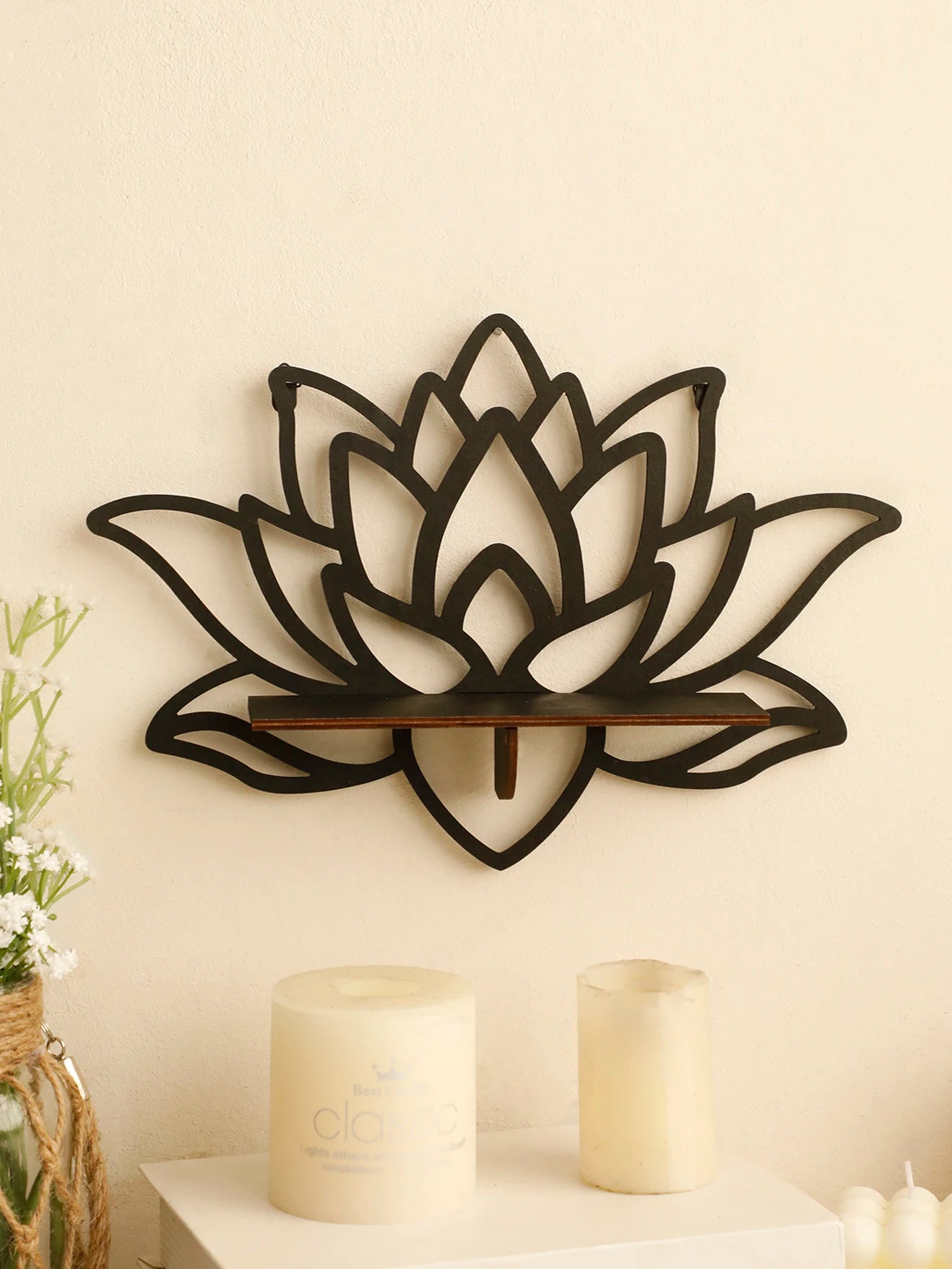 Lotus Wood Shelf Black Corner Shelf Display Stand Crystal Stone Essential Oil Wall Organizer Room Decors Aesthetic Home Decor
