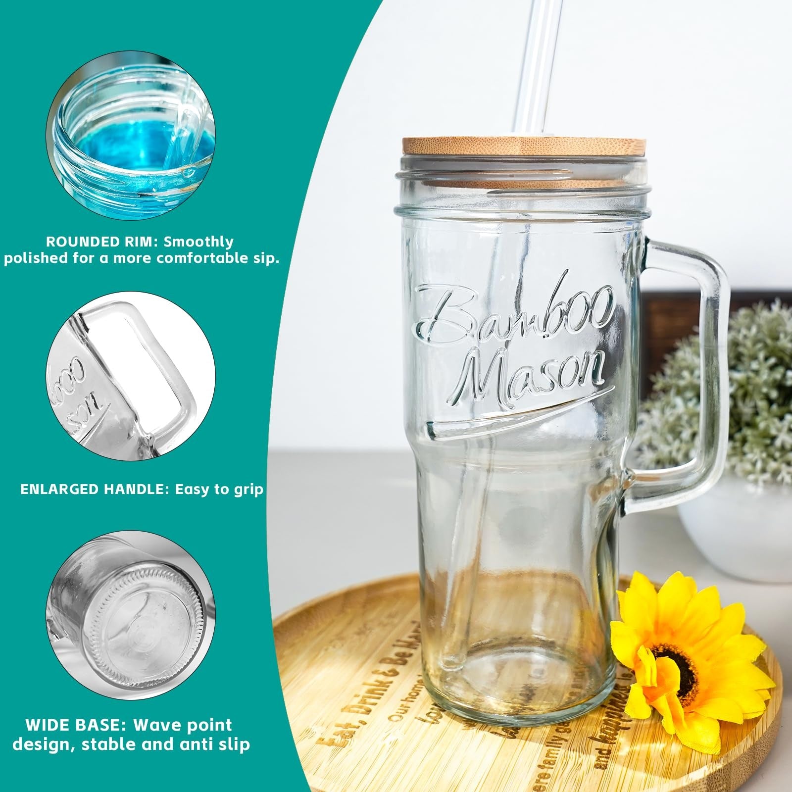 Glass Cups with Lids and Straws - 24Oz Tumbler Handle Coffee Glasses Mason Jar