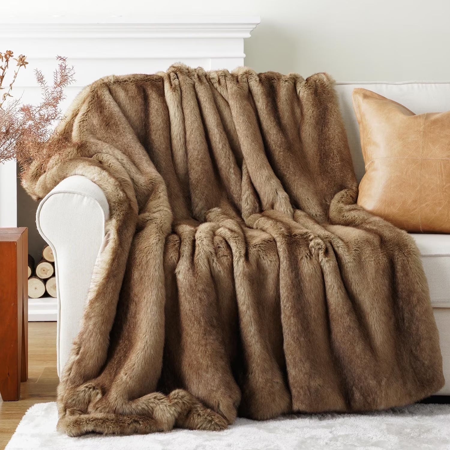 Camel Faux Fur Throw Blanket,Cozy Thick Mink Fur Blanket for Bed,Large Camel Throws,60"X80"
