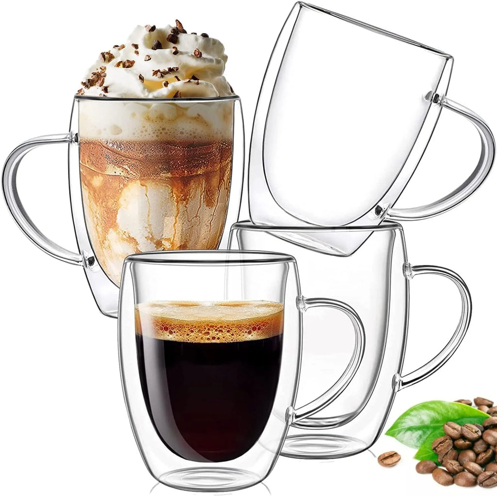 Double Wall Glass Coffee Mugs Milk Mug with Handle Cappuccino Latte Hot Drink Classic Coffee Glass Set Heat Cold Resistant Glass