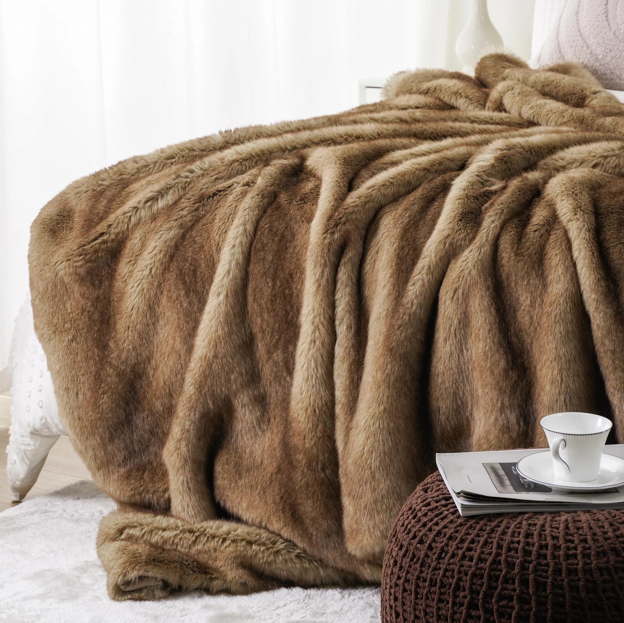 Camel Faux Fur Throw Blanket,Cozy Thick Mink Fur Blanket for Bed,Large Camel Throws,60"X80"