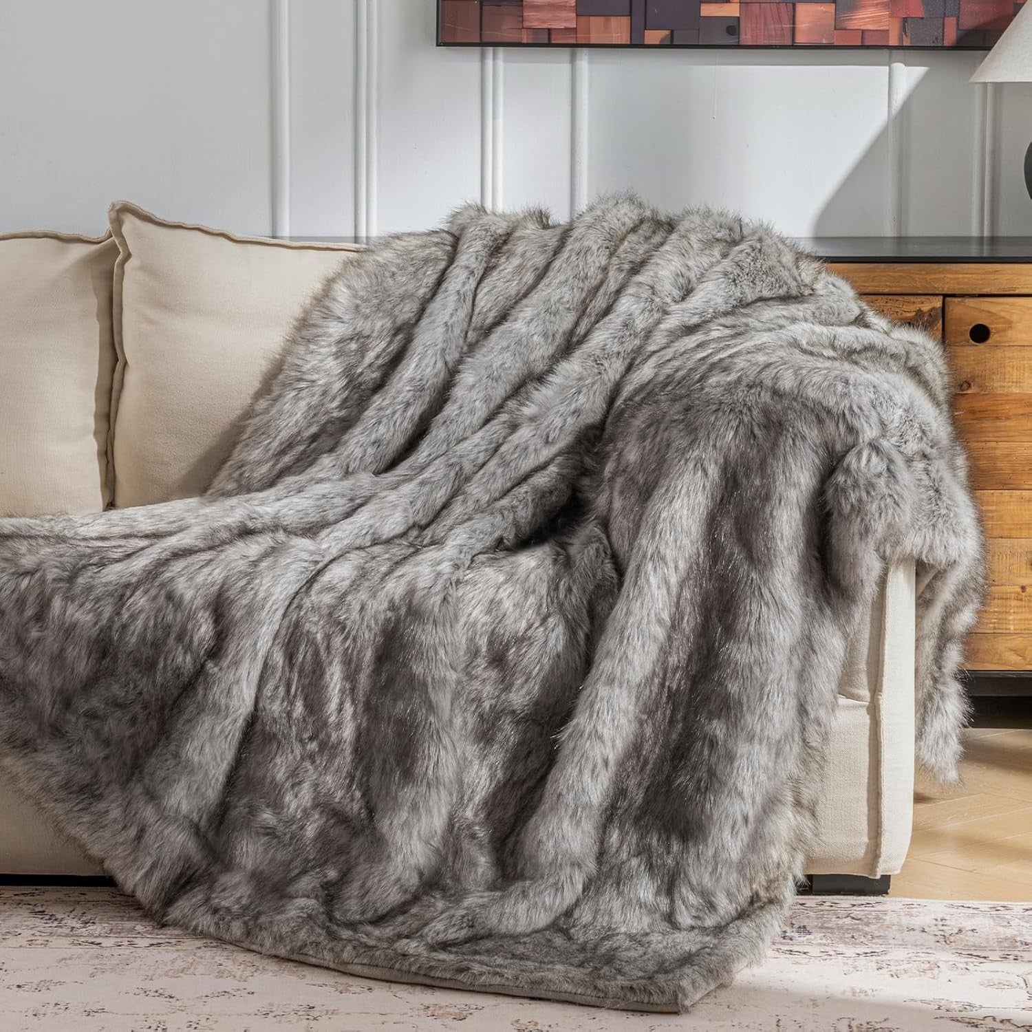 Luxury Faux Fur Blanket, Warm Long Pile Super Thick Throw Blanket for Bed, Wi