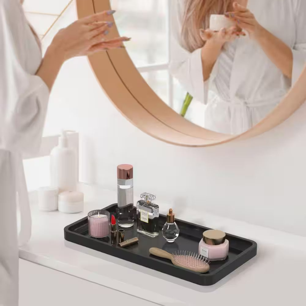 Black Bathroom Vanity Tray for Countertop - Bamboo Organizer Tray for Dresser Tops, Toilet Small Decorative Tray